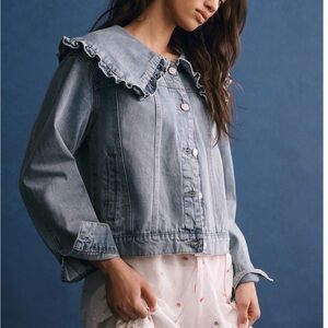 Anthropologie Light Blue Denim Jacket with Ruffle Collar (MABLE)